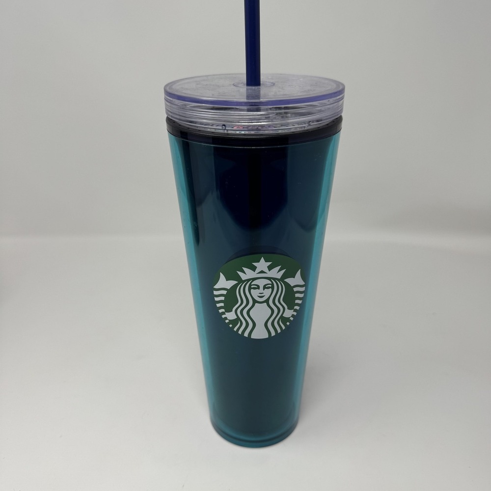 Starbucks Tumbler Cup 24oz Blue‎ Sequin Lid Plastic Cold Drink Straw Reusable